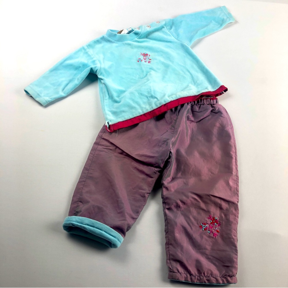 Y2K unisex iridescent sweater & pants set shiny purple / turquoise blue 86 cm